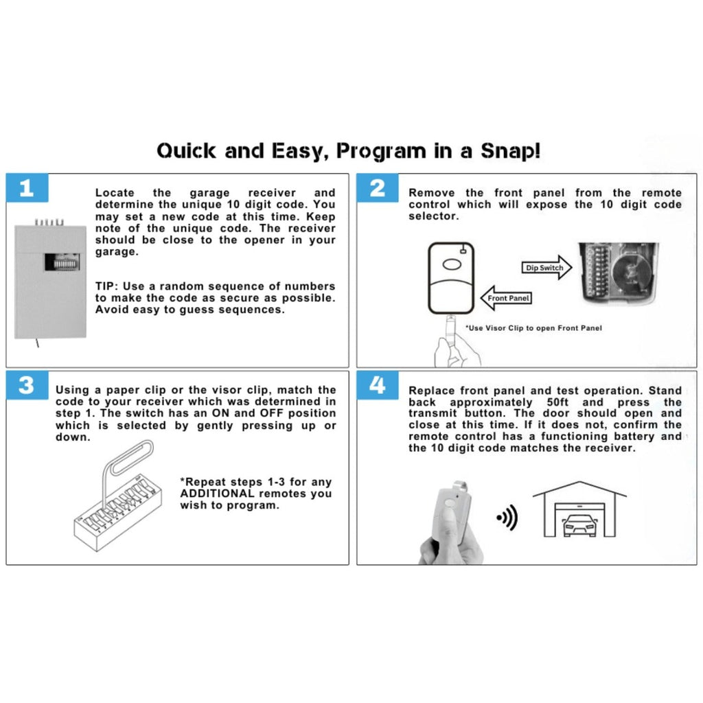 Multicode Linear 308911, 10 dip Switch Gate Opener Remote 300MHz, Multi Code Garage Door Opener Remote, Garage Clicker Replacement