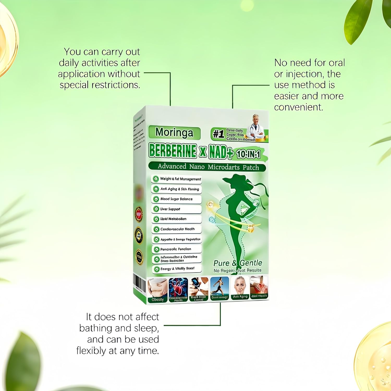 Moringa Berberine Patches, New Moringa Patch, Moringa 10-In-1 Advanced Nano Microdarts Patch, Natural Skin Patches for Women And Men - Firming Skin Suitable for All Skin Types