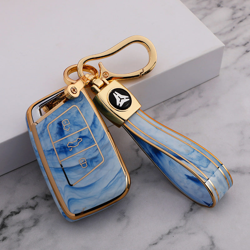 Carsine Volkswagen Car Key Case Gold Inlaid With Jade Blue / Key case + strap