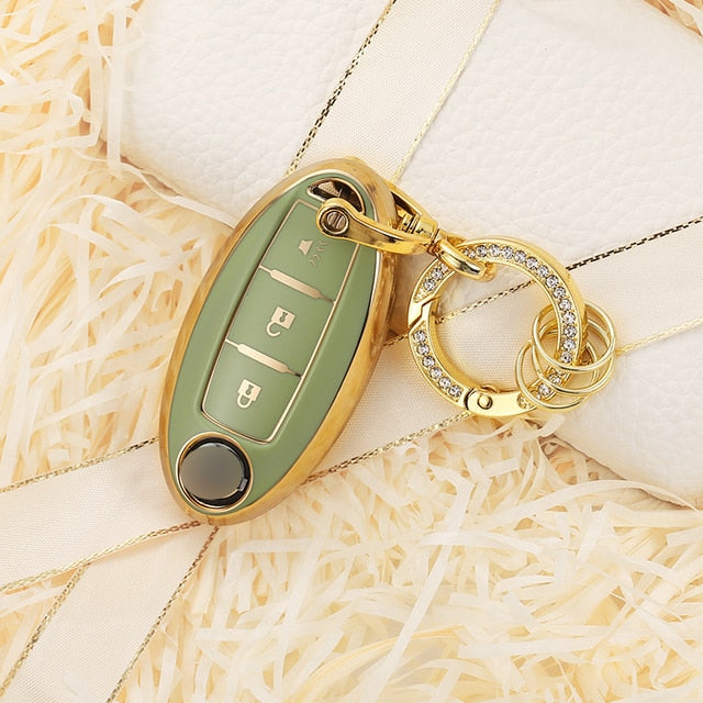 Carsine Nissan Car Key Case Golden Edge C / Green / Key case + O chain