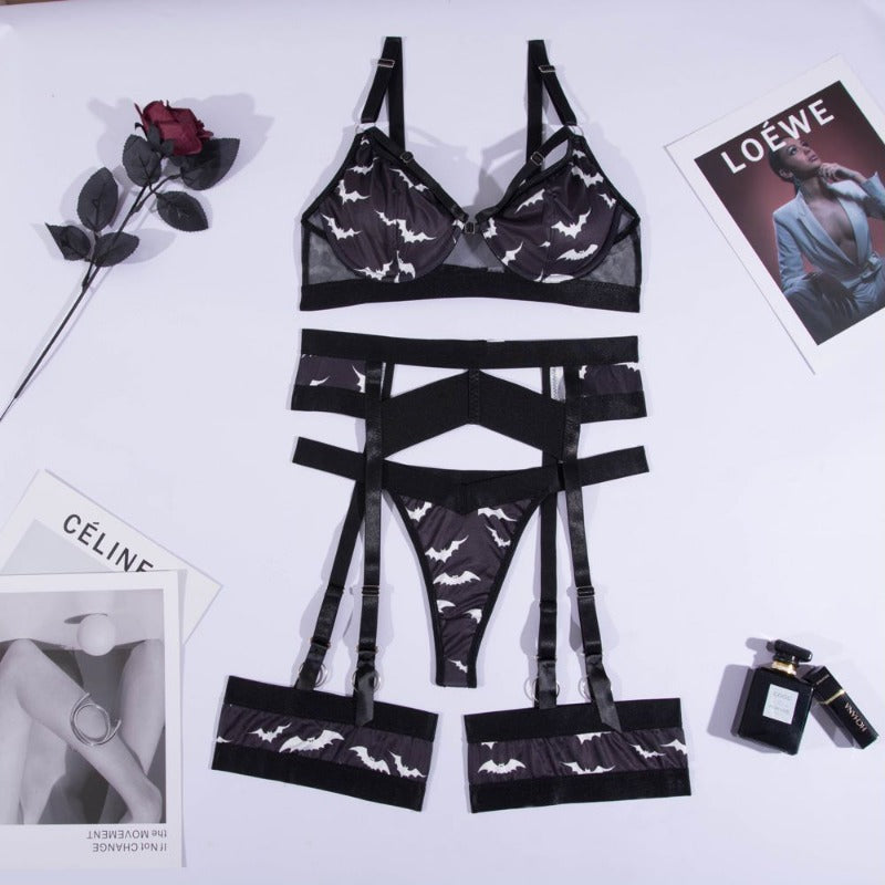 Schwarzer Fledermaus-String, sexy Damenunterwäsche mit Strumpfhaltern