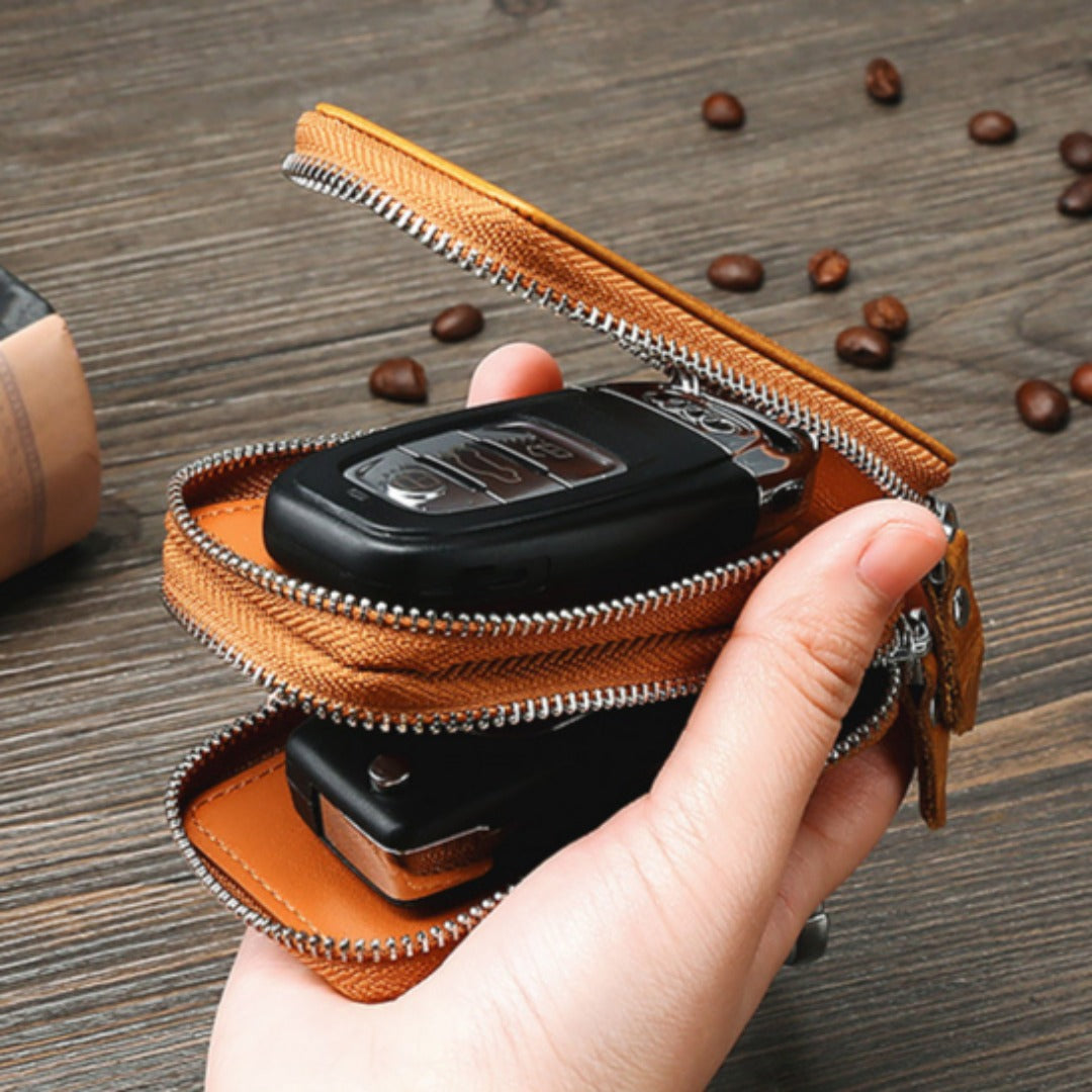 Étui universel en cuir double couche pour clés de voiture avec fenêtre transparente, compatible avec tous les modèles.